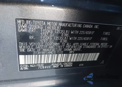 2021 Toyota Rav4 Le z USA, uszkodzony, nr VIN 2T3H1RFV4MC151532